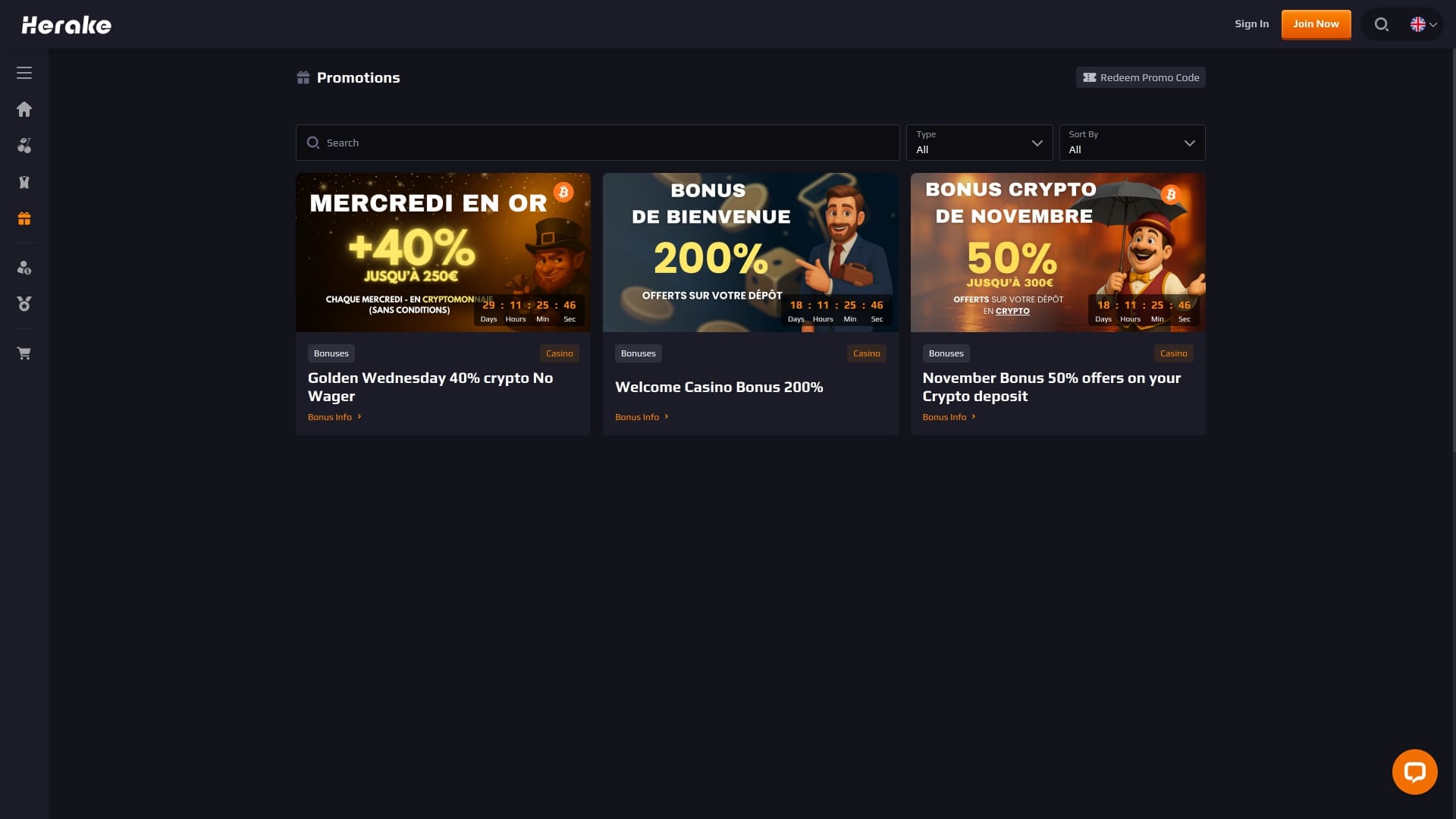 Promotions du casino Herake version bureau