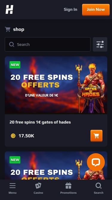 Boutique du casino Herake version mobile