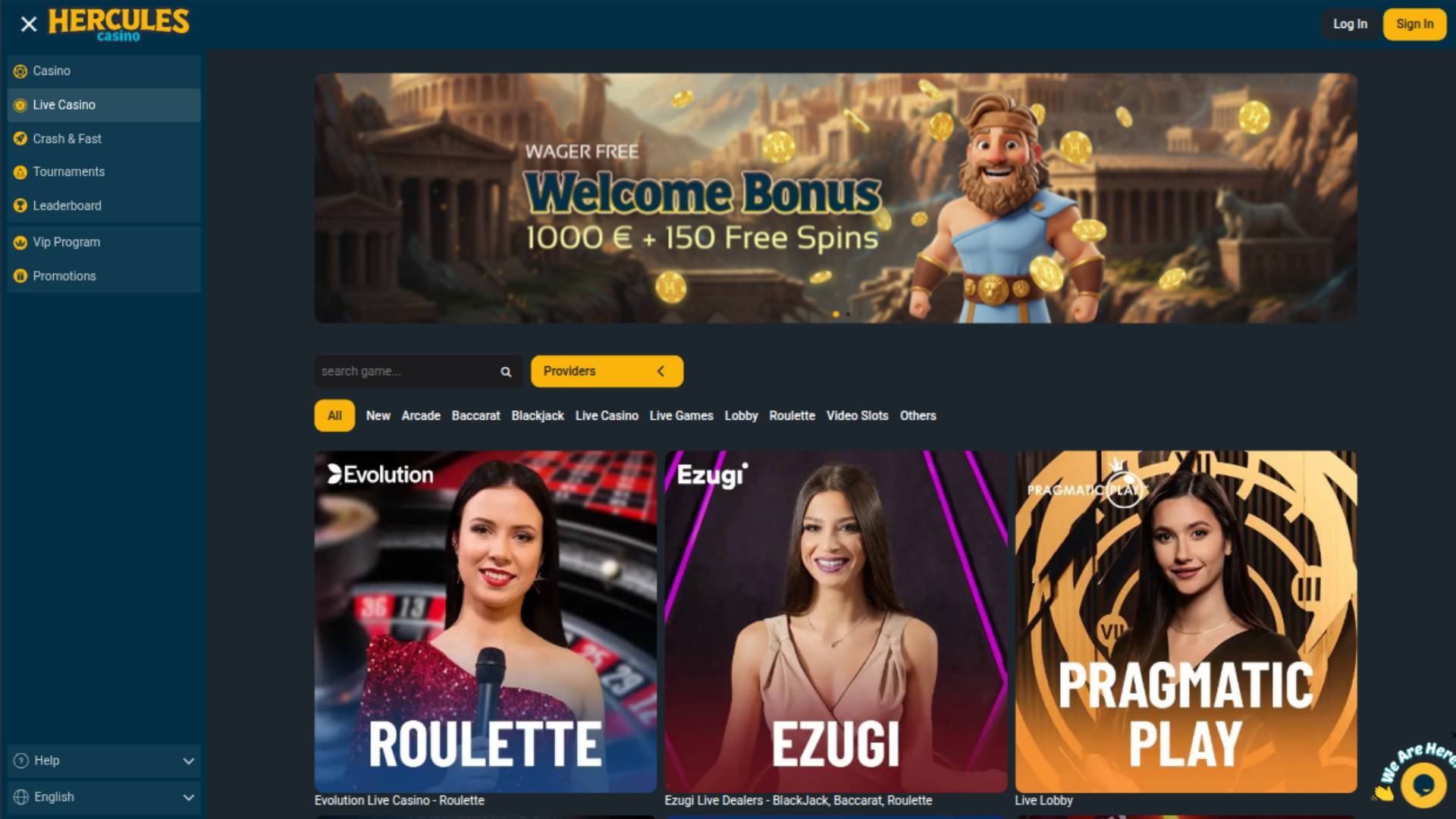 Capture d'écran de la page en direct du casino Hercules