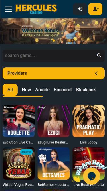 Capture d'écran de la page mobile en direct du casino Hercules