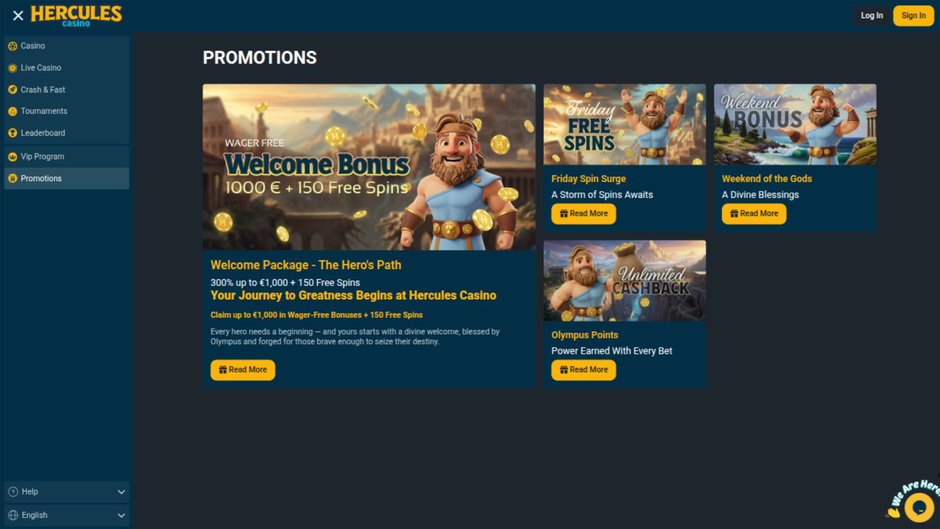Capture d'écran de la page des promotions du casino Hercules