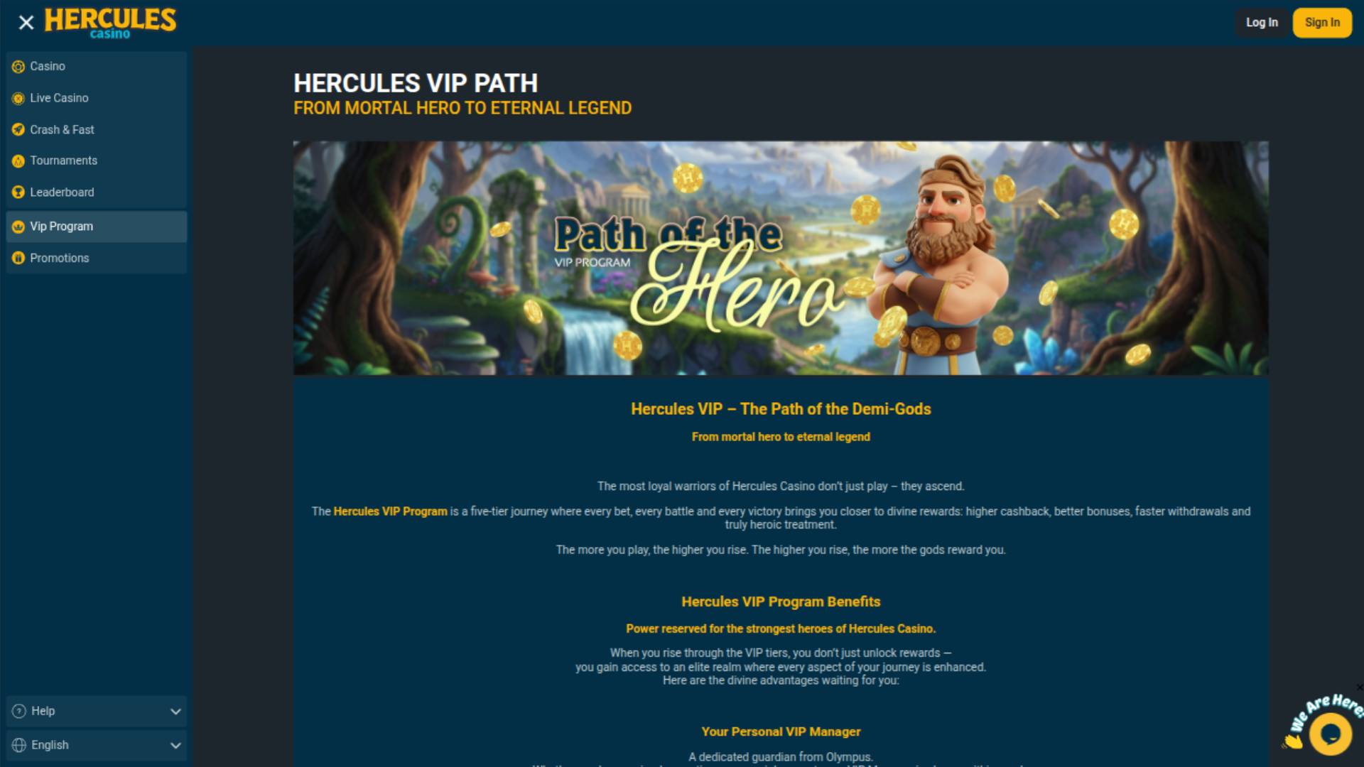 Capture d'écran de la page VIP du casino Hercules