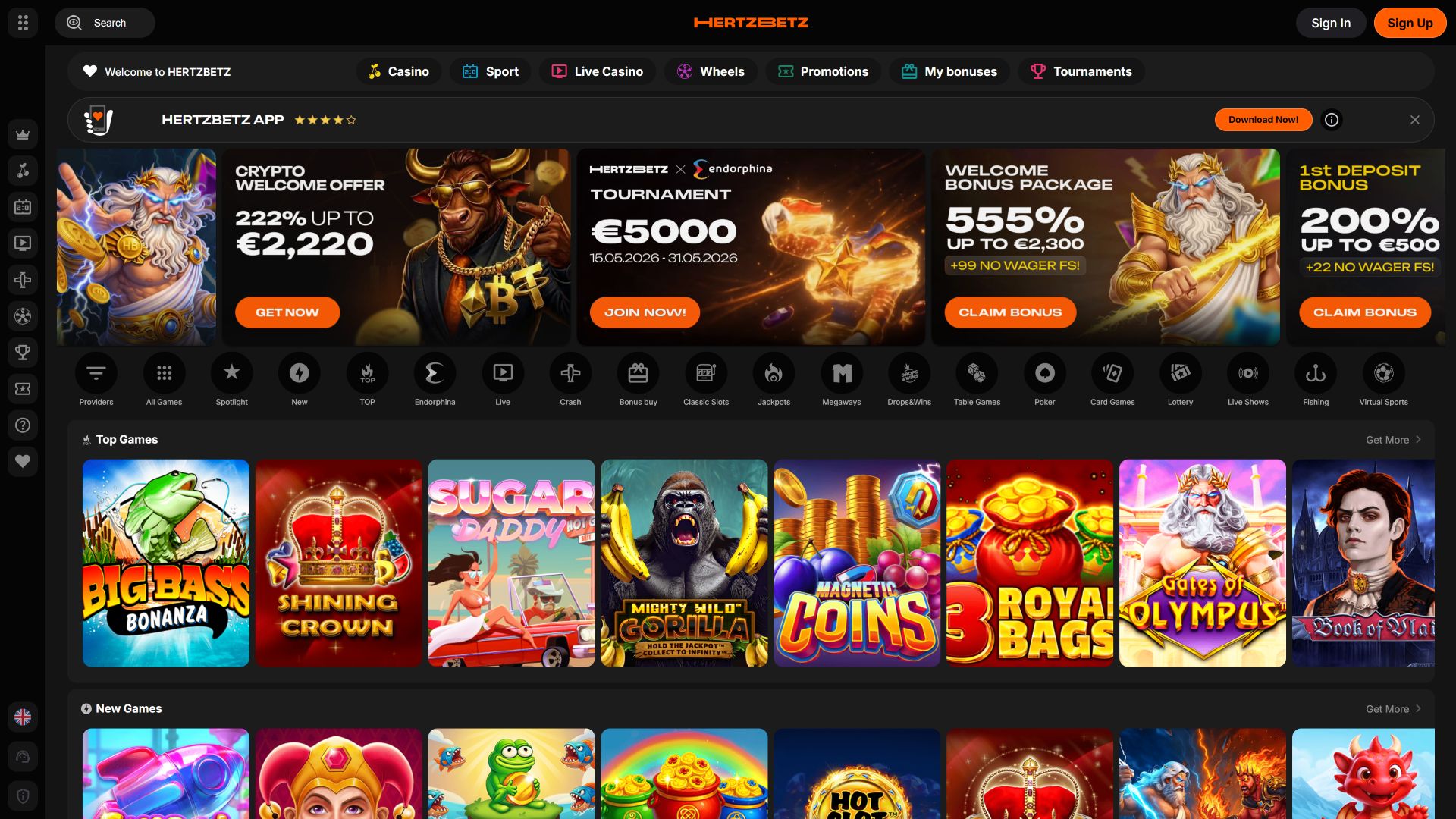 Hertzbetz Casino Desktop-Homepage