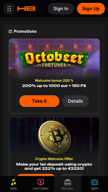 Capture d'écran des promotions du casino Hertzbetz pour mobile