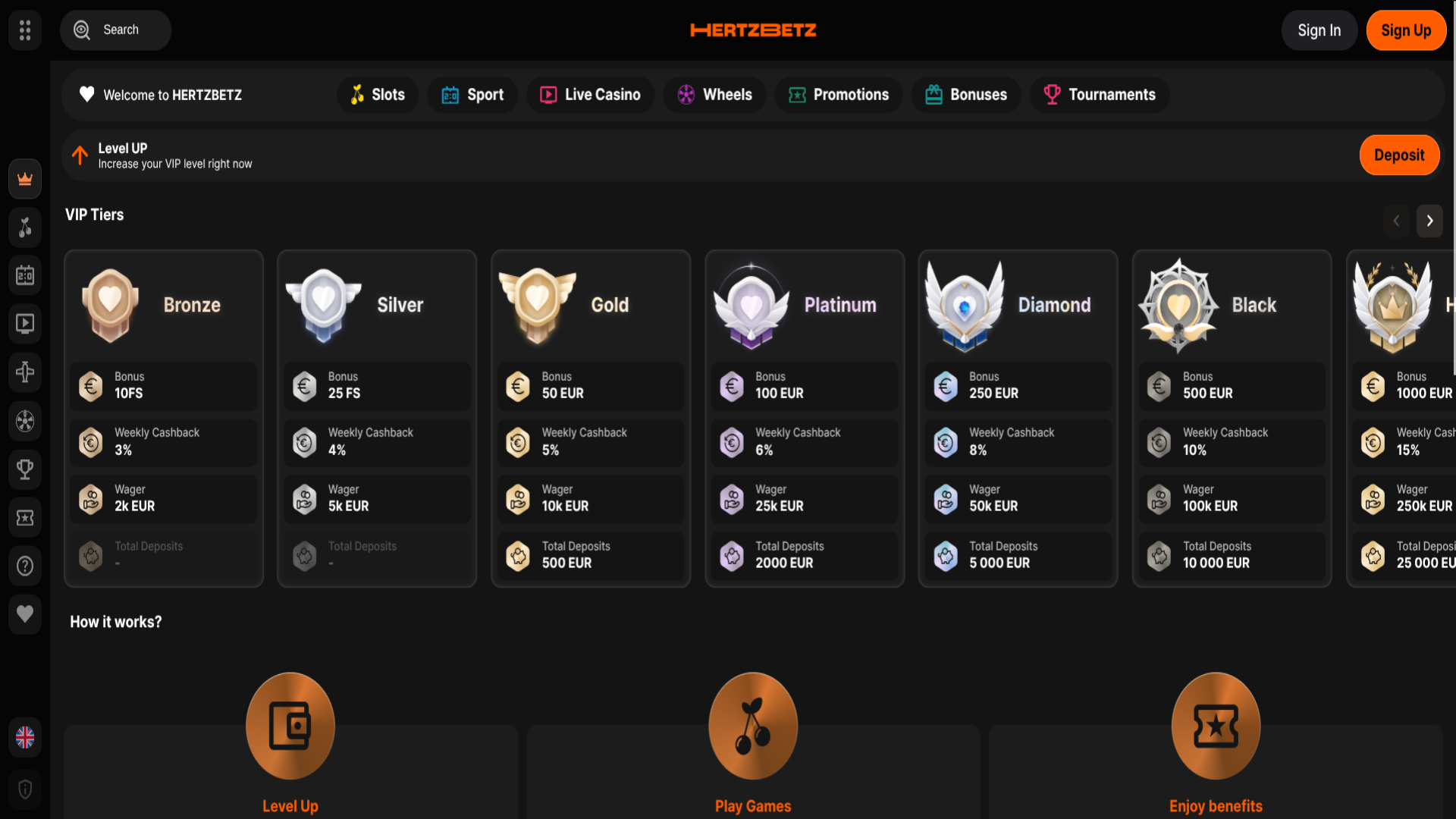 Capture d'écran VIP du casino Hertzbetz pour ordinateur de bureau