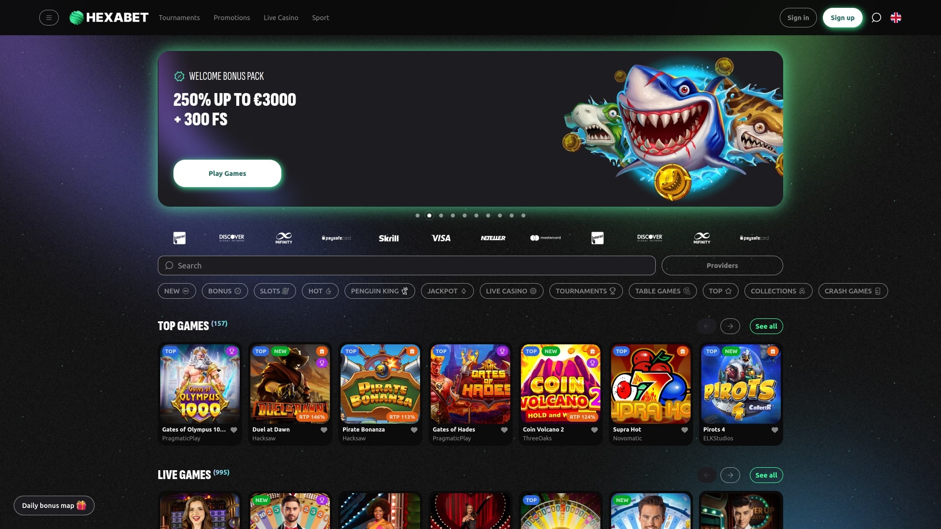 Hexabet Casino Главная страница Настольная версия