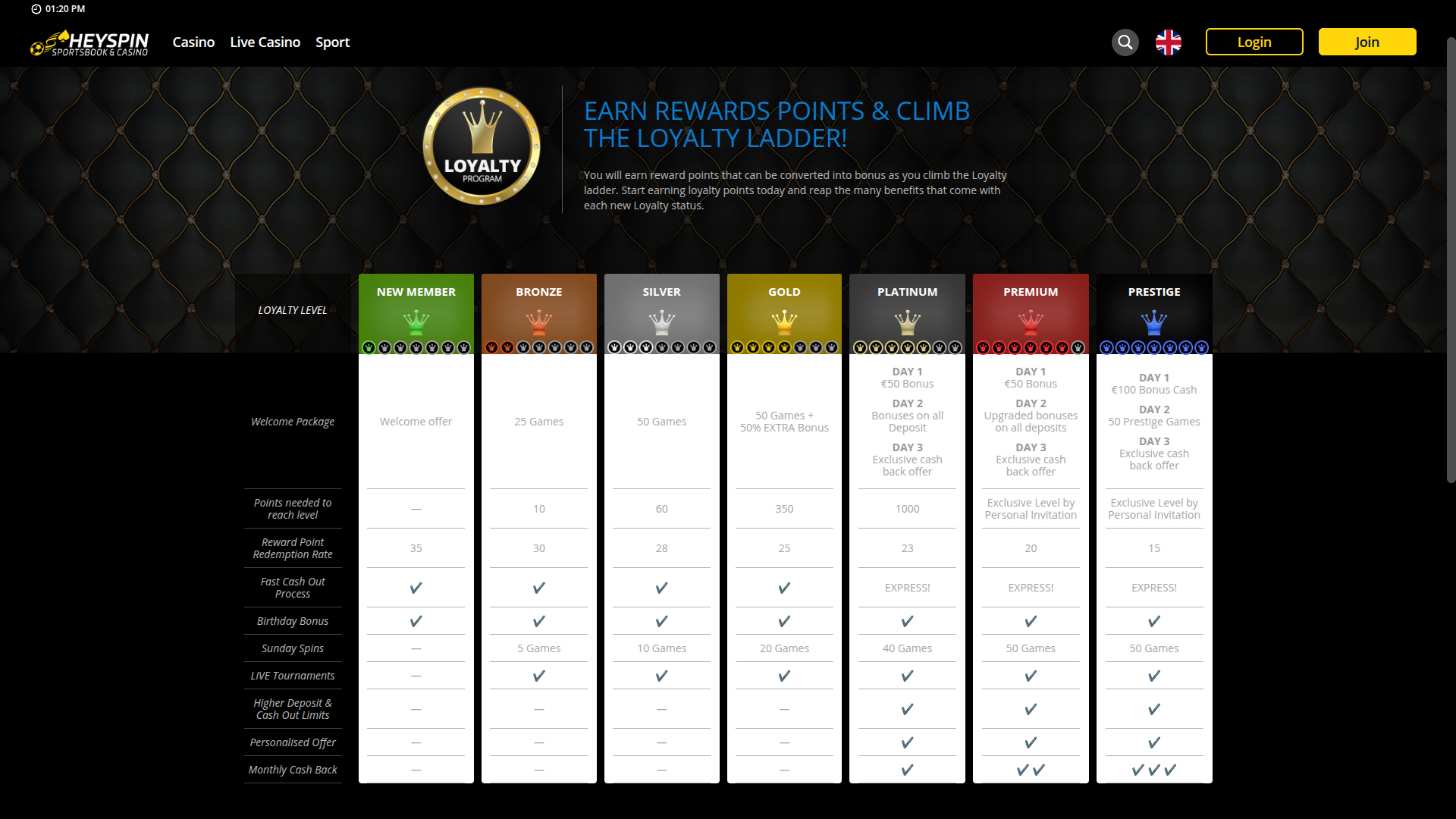 Programme VIP de HeySpin Casino pour ordinateur de bureau