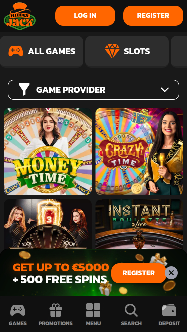 Jeux avec croupier en direct de la version mobile de Hidden Jack Casino
