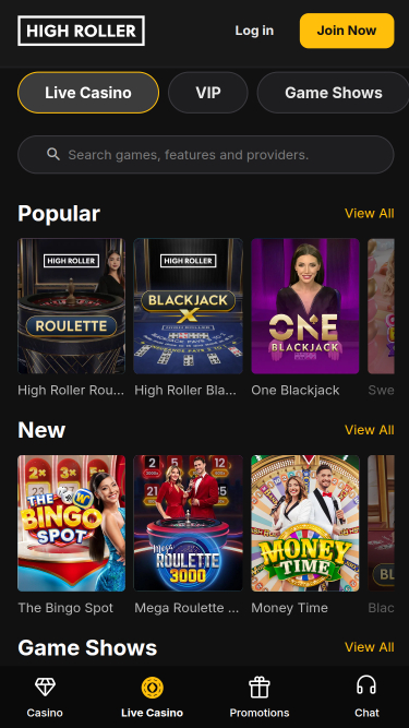 Casino mobile High Roller avec croupier en direct