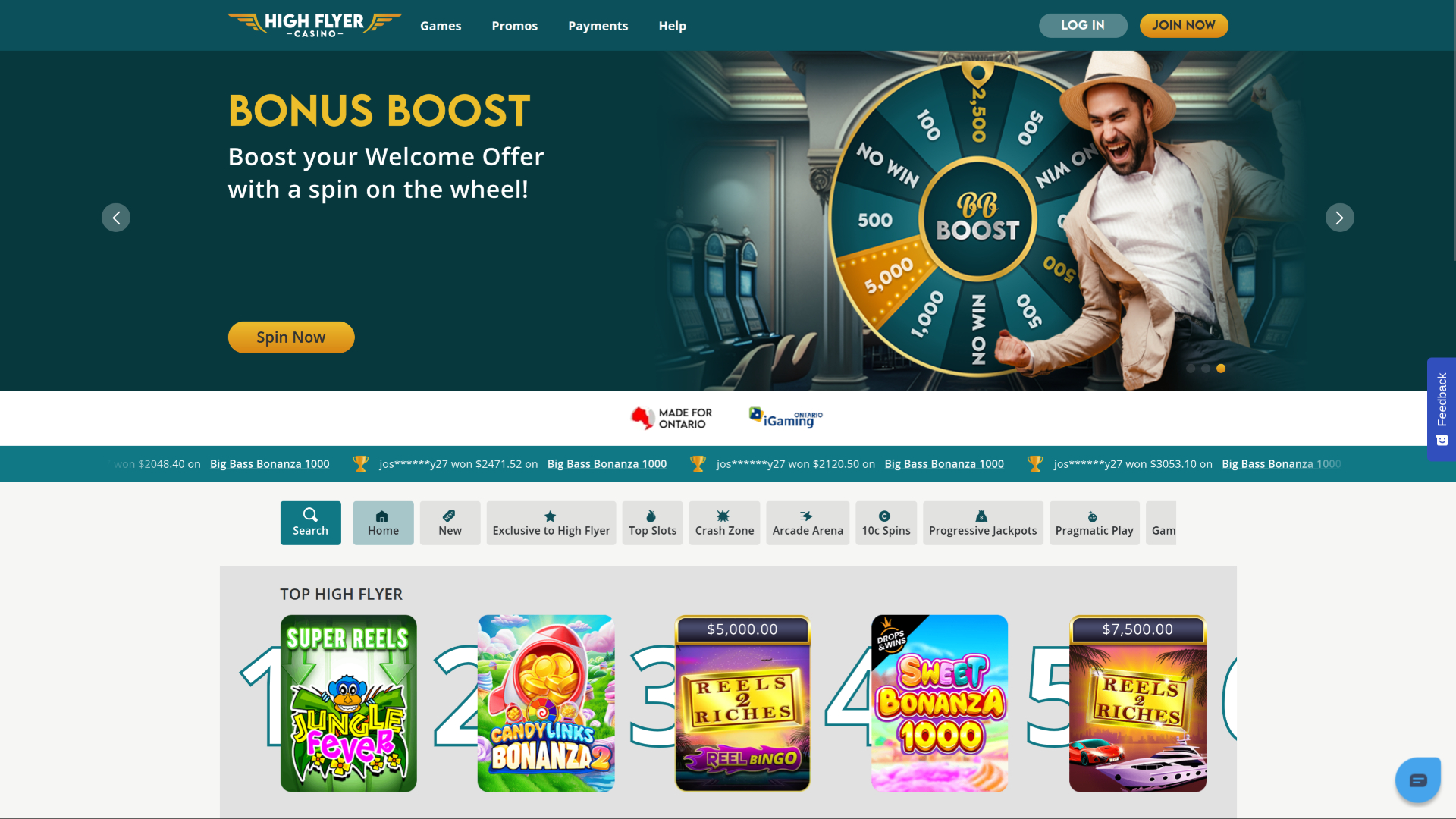 Page d’accueil de la version bureau de High Flyer Casino