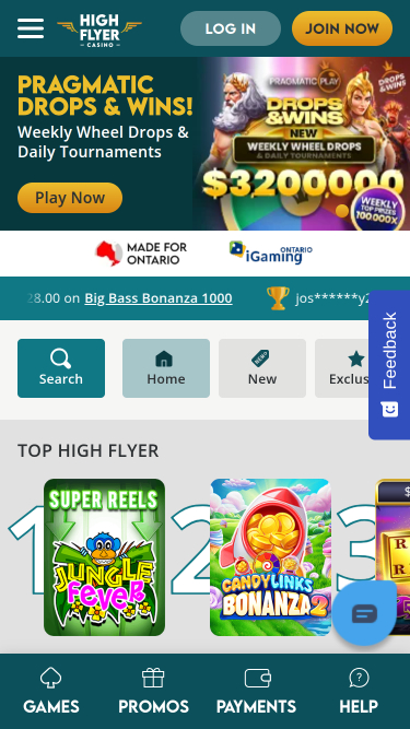 Page d’accueil de la version bureau de High Flyer Casino