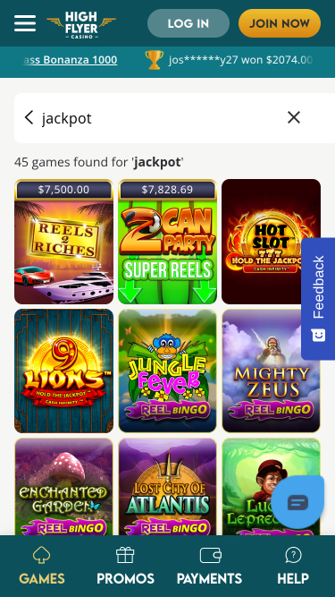 Jackpot mobile de High Flyer Casino