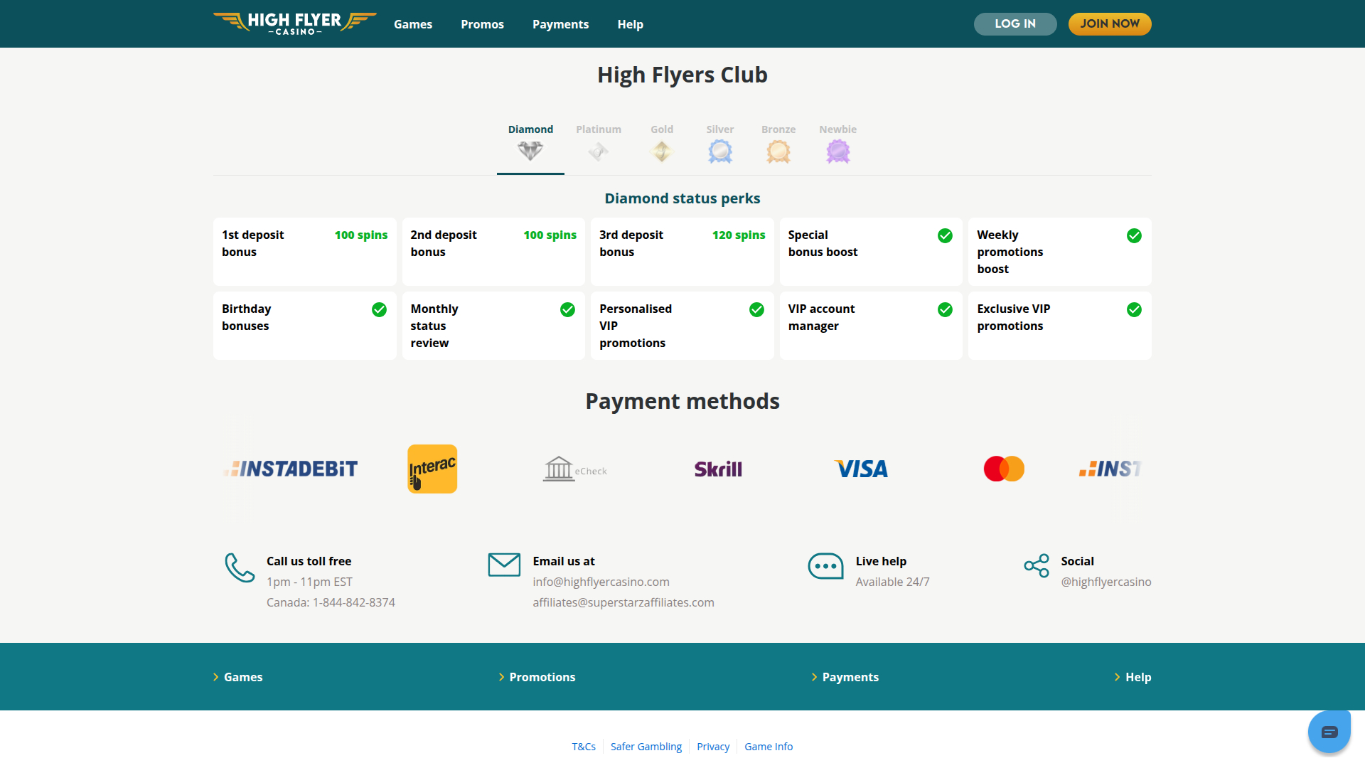 Programme VIP de High Flyer Casino pour ordinateur de bureau