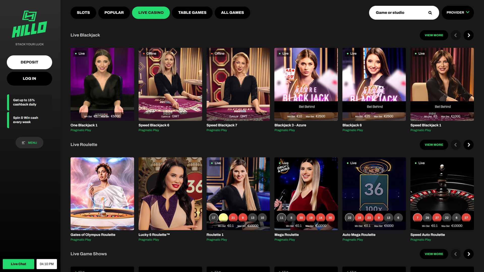Hillo Casino: изображение рабочего стола, дилер в режиме реального времени
