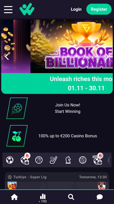 Page d'accueil mobile du casino Hiper Win