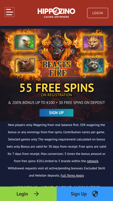 Page d'accueil mobile du casino Hippozino