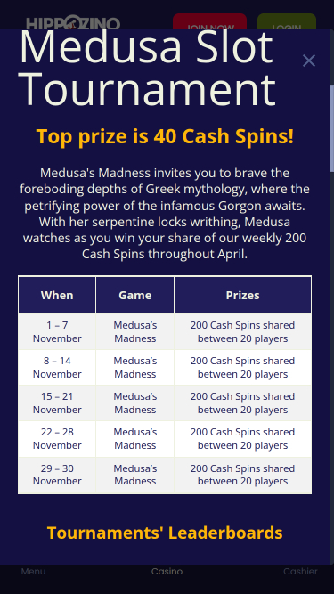 Tournoi mobile du casino Hippozino