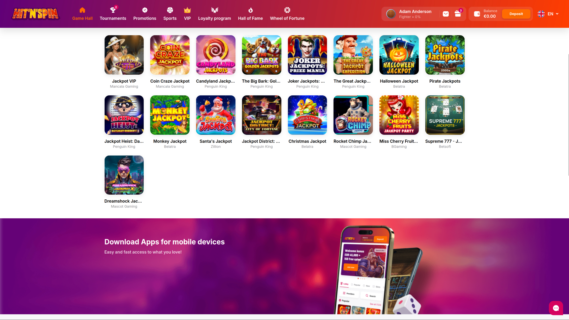 Jackpot du casino Hitnspin sur ordinateur