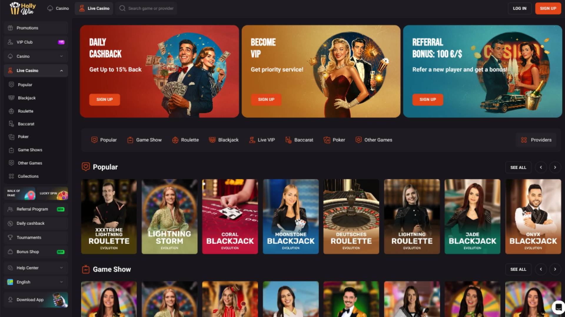 Screenshot der Homepage von Hollywin Casino