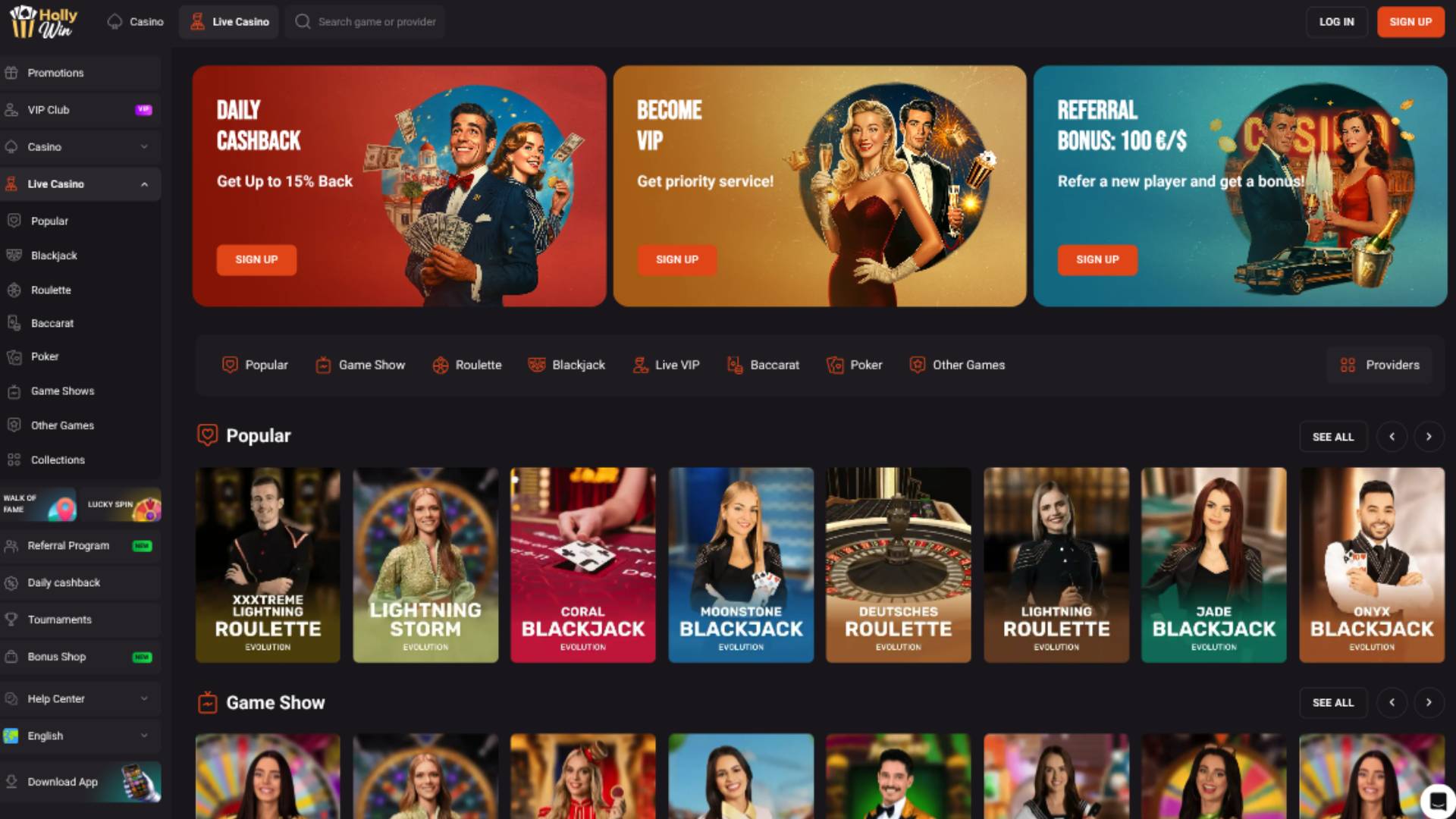 Screenshot der Live-Seite von Hollywin Casino