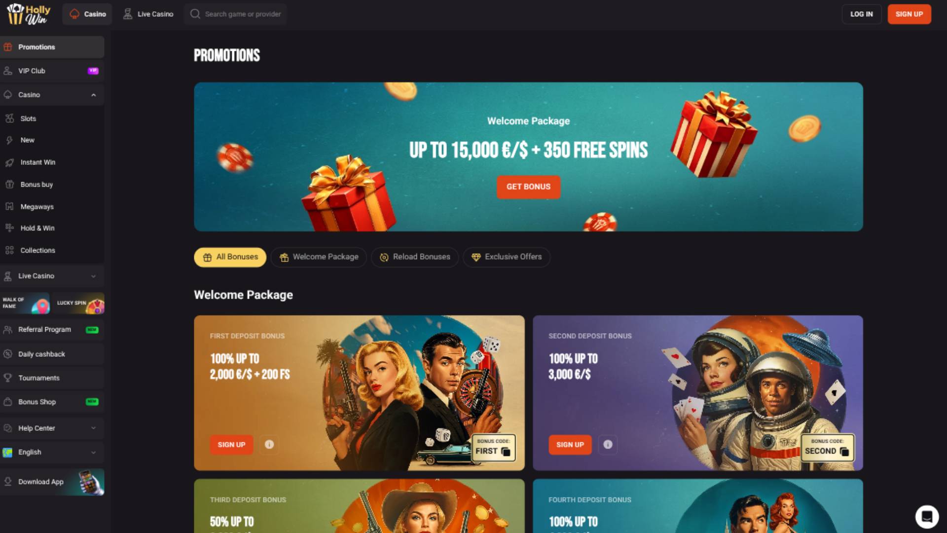 Screenshot der Aktionsseite von Hollywin Casino