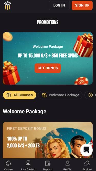 Screenshot der Aktionsseite von Hollywin Casino (Mobilgerät)