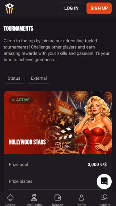 Screenshot der Turnierseite auf dem Mobilgerät von Hollywin Casino