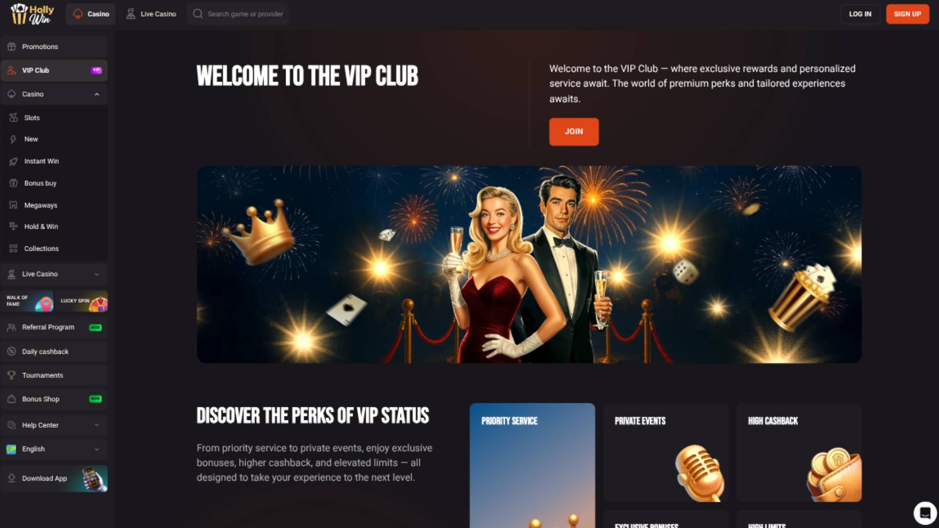 Screenshot der VIP-Seite des Hollywin Casinos