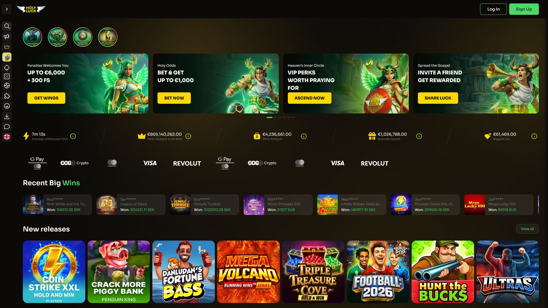 Página de inicio de escritorio del casino HolyLuck