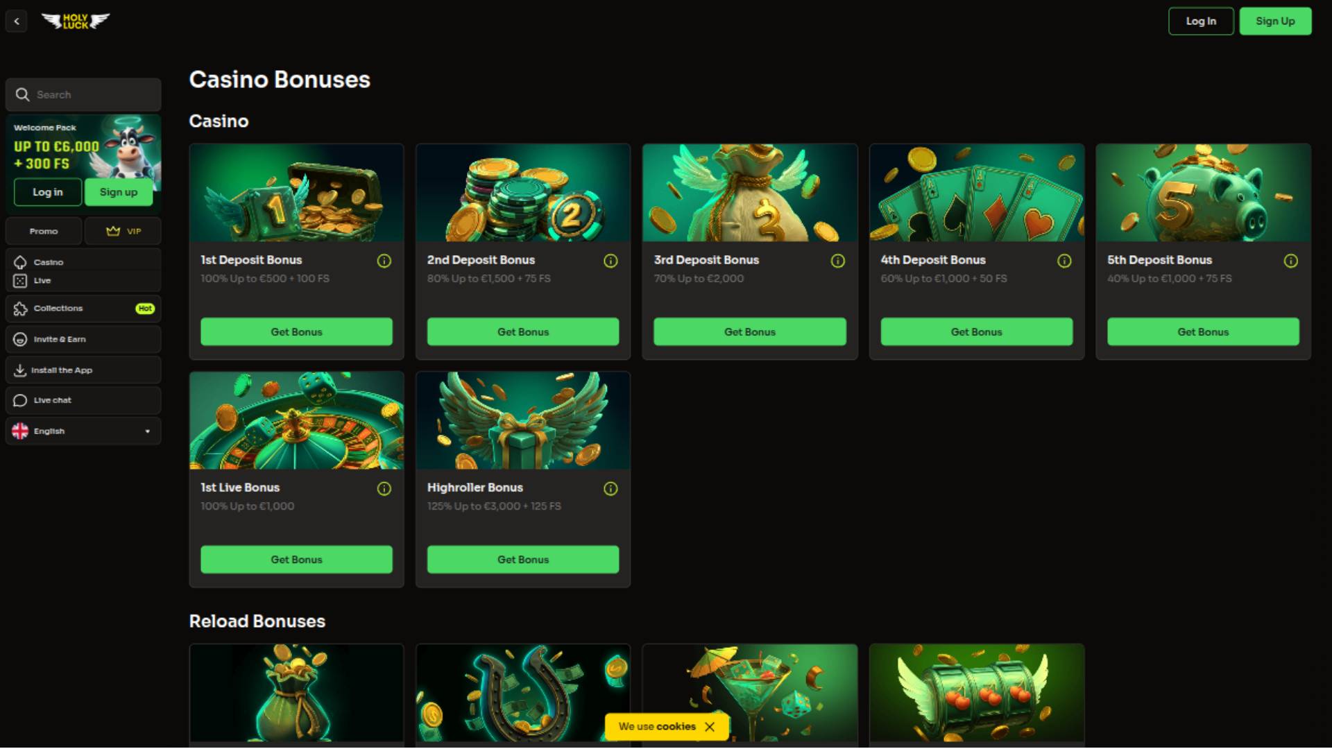Capture d'écran de la page Promotions du casino HolyLuck