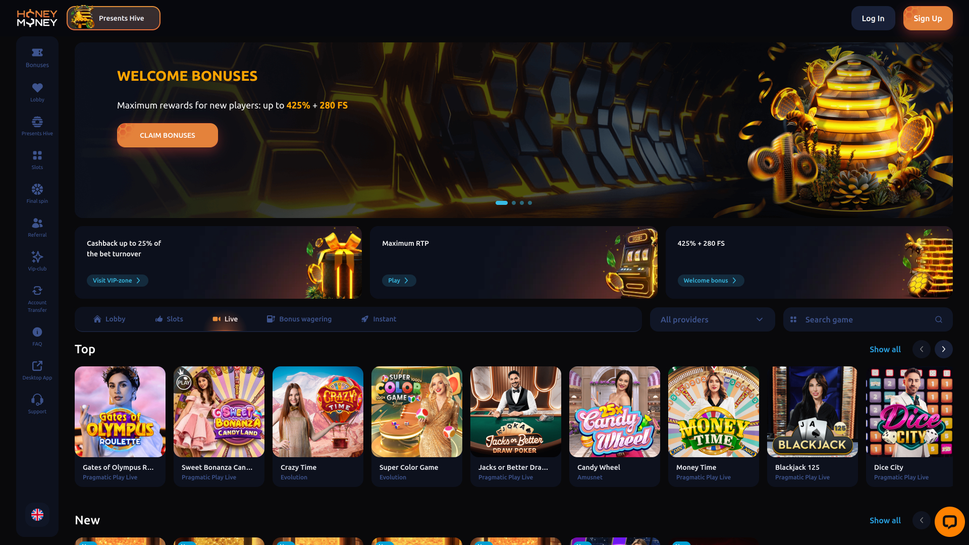 Honey Money Casino Live Dealer Desktop