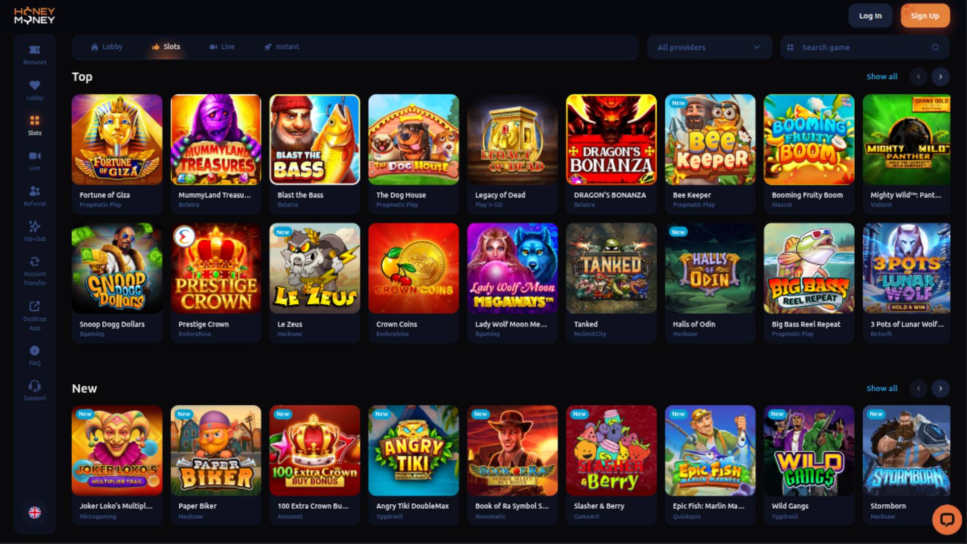 Screenshot della pagina dei giochi di HoneyMoney Casino