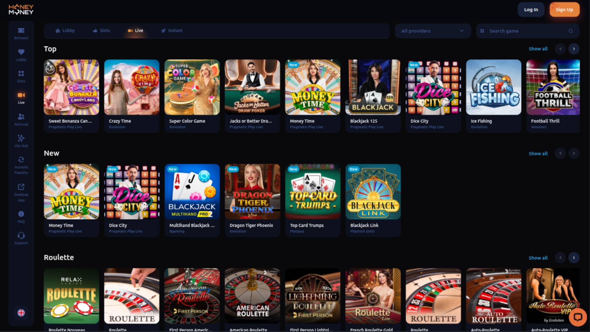 Screenshot della pagina live di HoneyMoney Casino