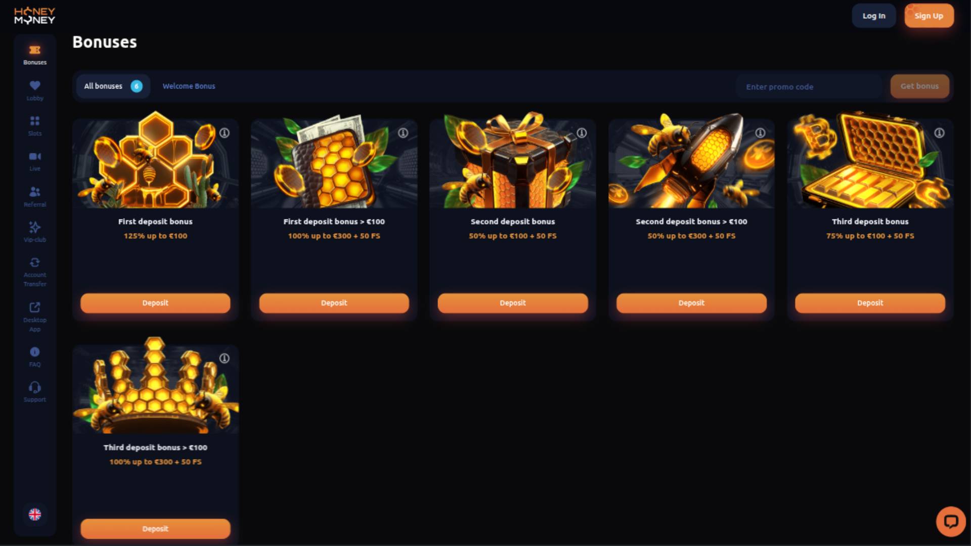 Screenshot della pagina delle promozioni di HoneyMoney Casino