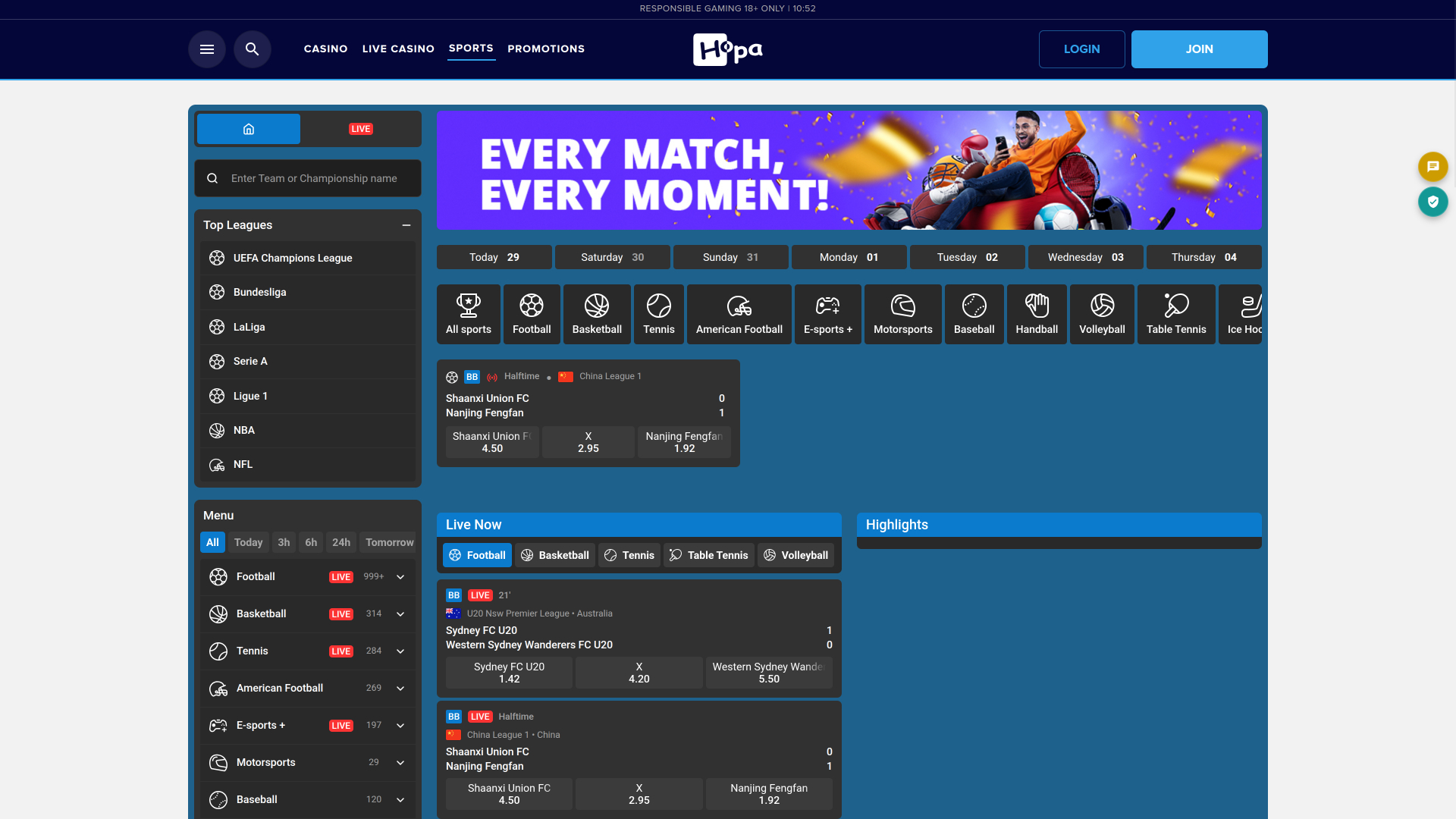 Hopa Casino Sports Desktop