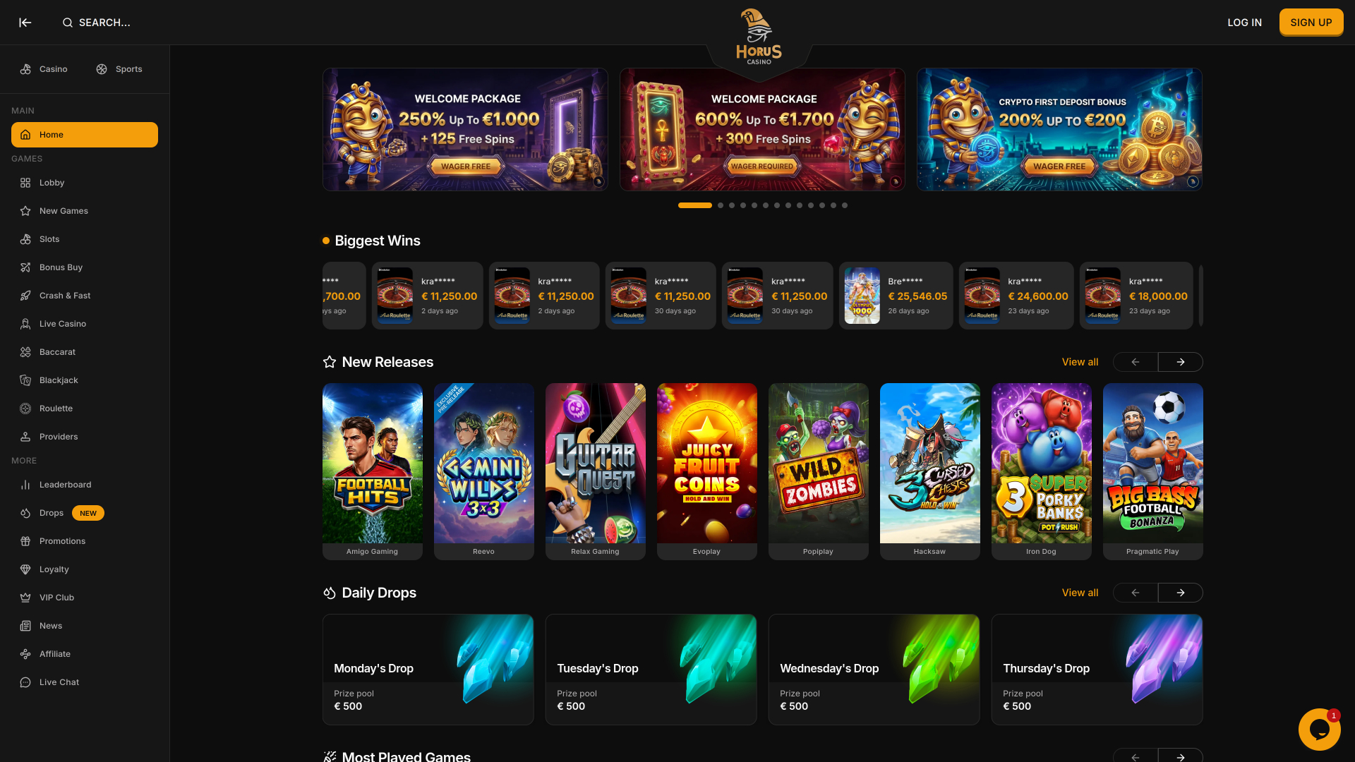 Horus Casino Desktop-Startseite
