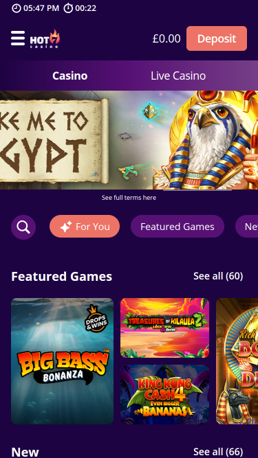 Page d'accueil mobile du casino Hot7