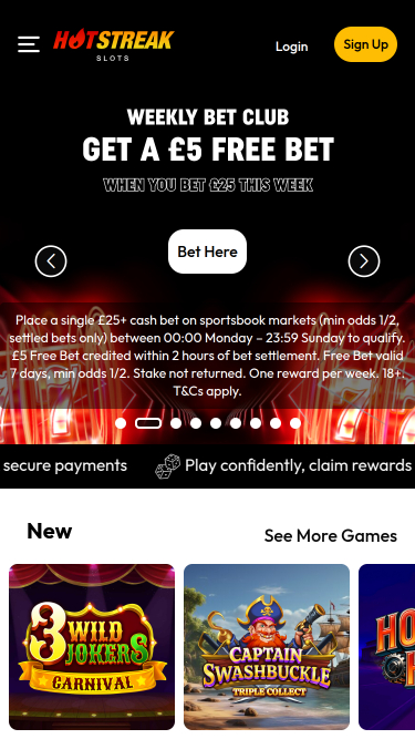 Page d'accueil mobile de Hot Streak Casino