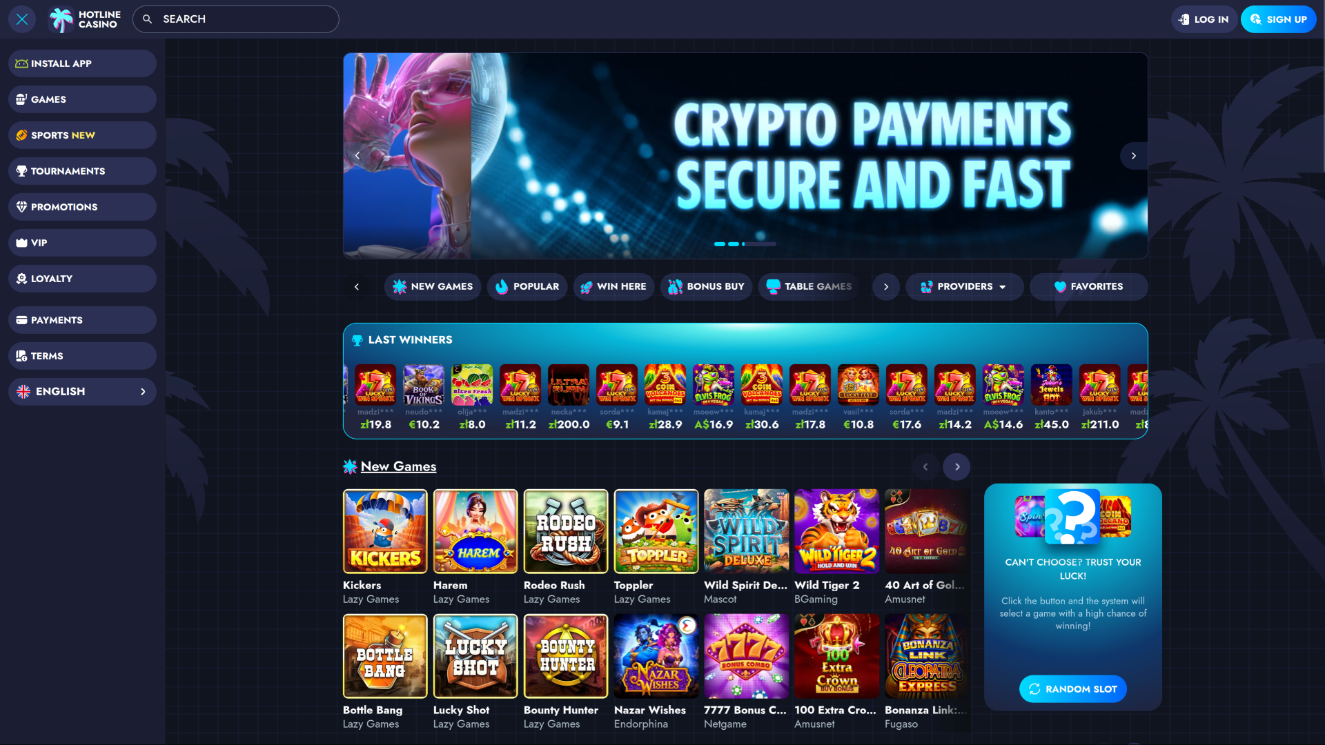 Página de inicio de Hotline Casino para escritorio