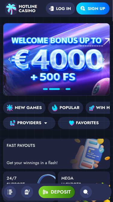 Página de inicio móvil de Hotline Casino