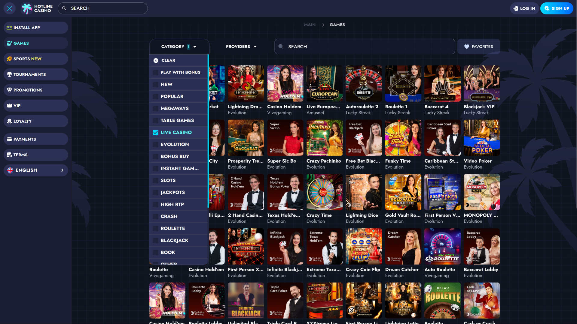 Casino Hotline con crupier en vivo de escritorio