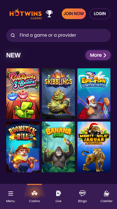 Página de inicio móvil de Hotwins Casino