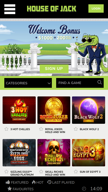 Page d'accueil mobile du casino House of Jack