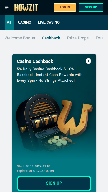 Cashback mobile du casino Howzit