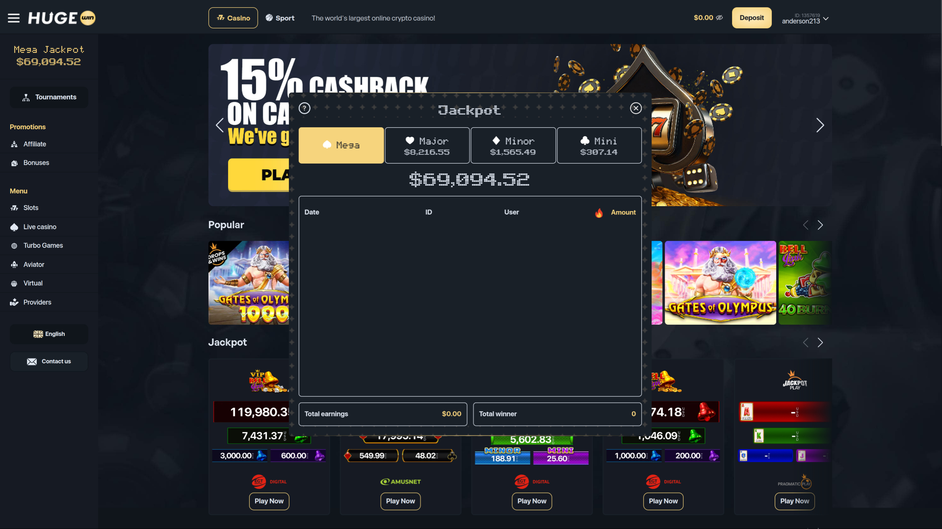 Hugewin Casino Desktop Jackpot