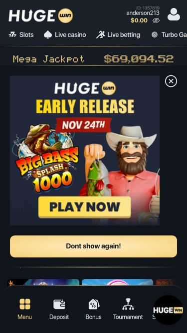 Hugewin Casino Mobile Homepage