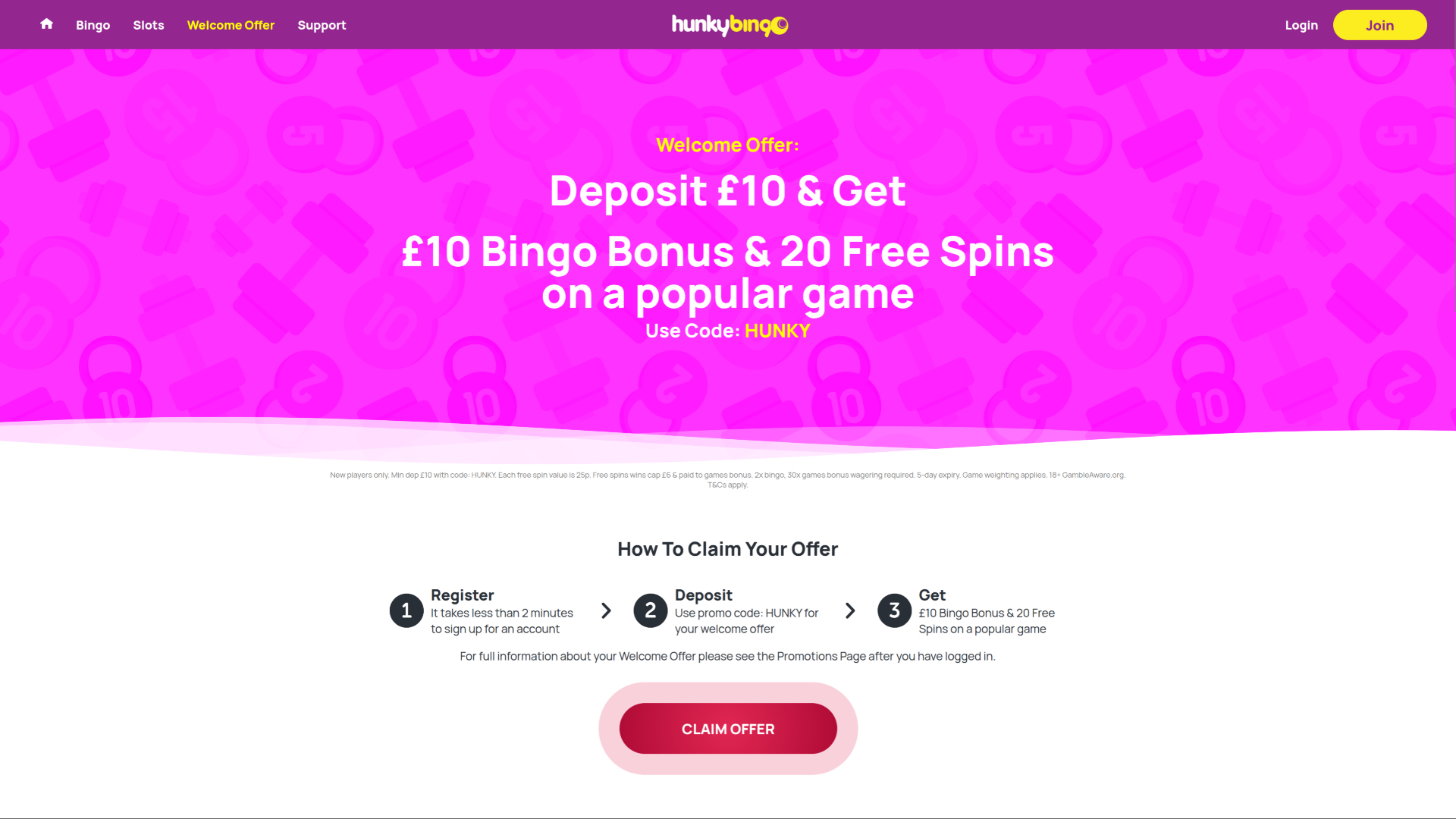 Promotions pour ordinateur de bureau du casino Hunky Bingo