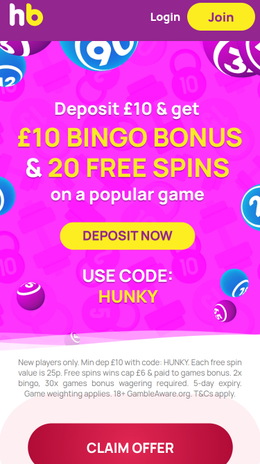Page d'accueil mobile du casino Hunky Bingo