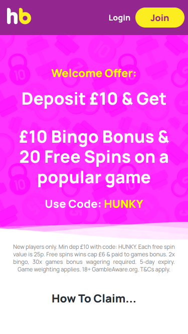 Promotions mobiles du casino Hunky Bingo
