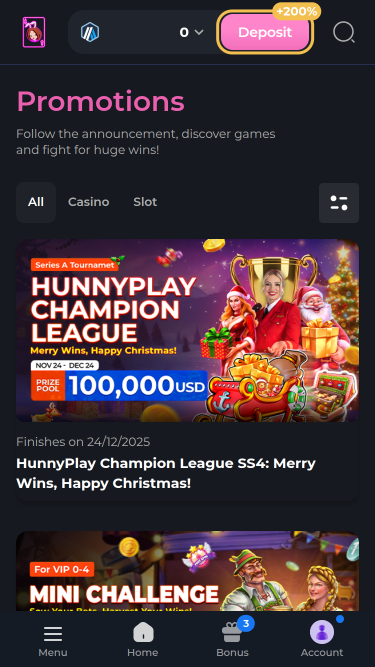 Promotions mobiles du casino Hunnyplay